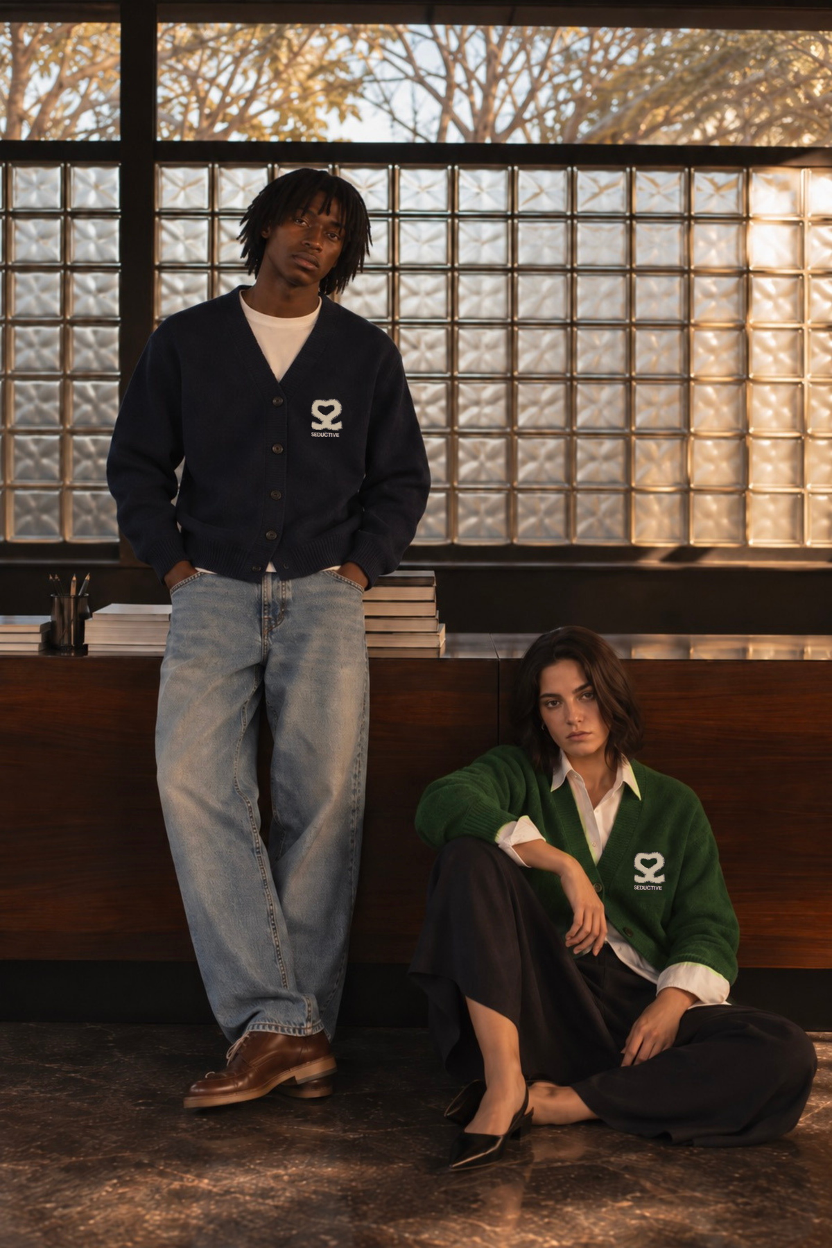 Seductive Cardigan Navy – Wool Blend Signature Logo Knitwear Unisex